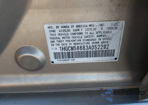 2003 Honda Accord 2.4 Ex из США, поврежденный, VIN 1HGCM56683A052292